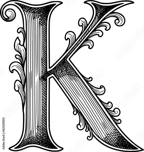 Ornate Capital Letter K With Floral Designs
