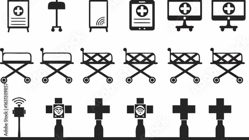 Illustration showing medical equipment and crosses in a row including stretchers and medical signs icons silhouette