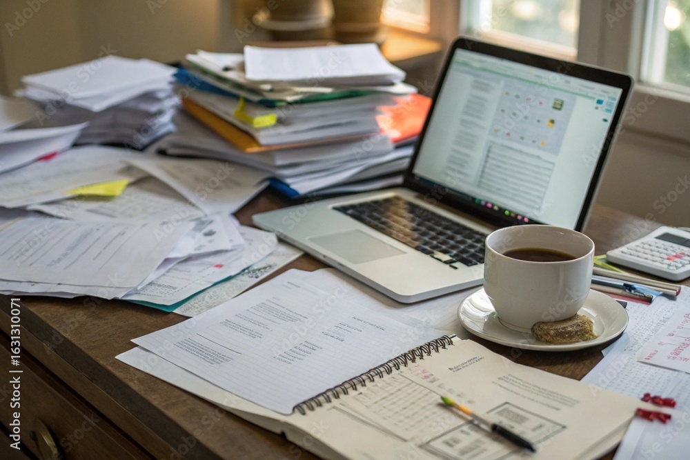 Obraz premium A messy desk with a laptop, a cup of coffee, and a stack of papers