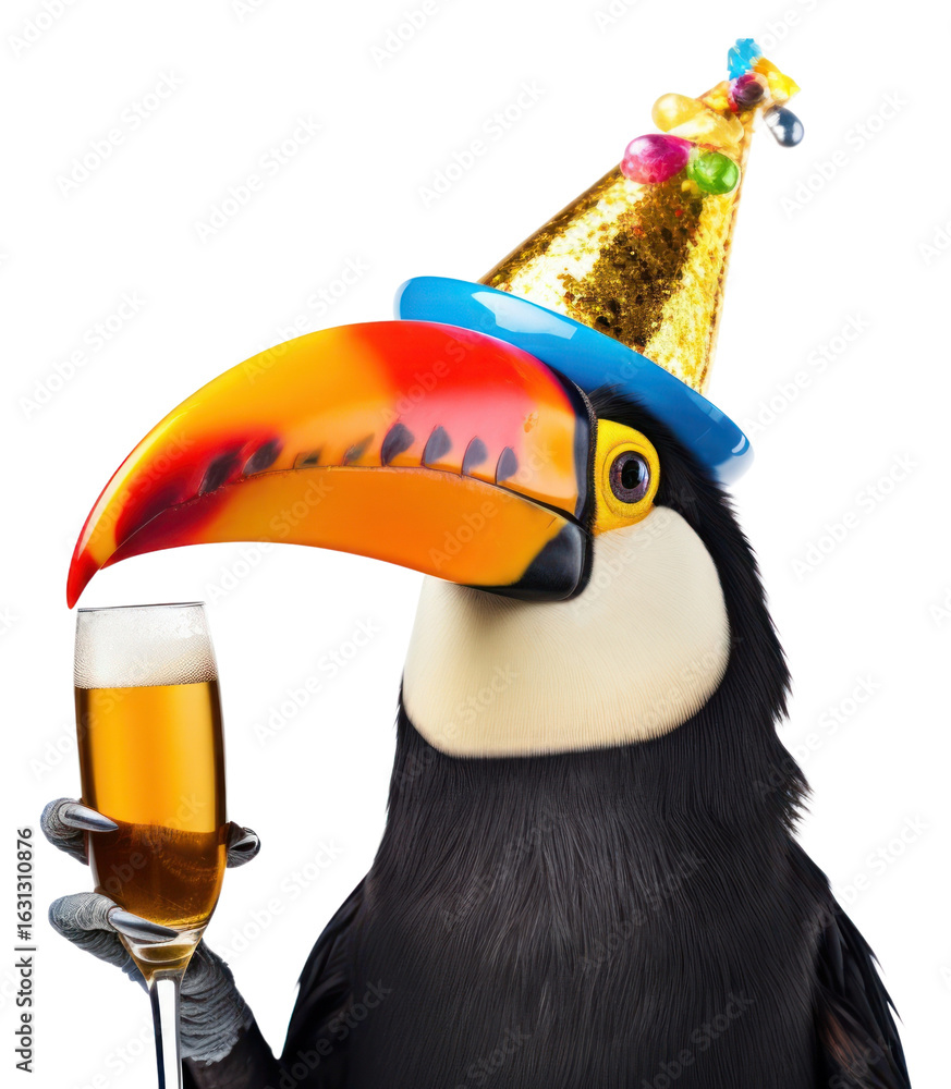 Fototapeta premium PNG Toucan holding champagne bottle animal bird hat.