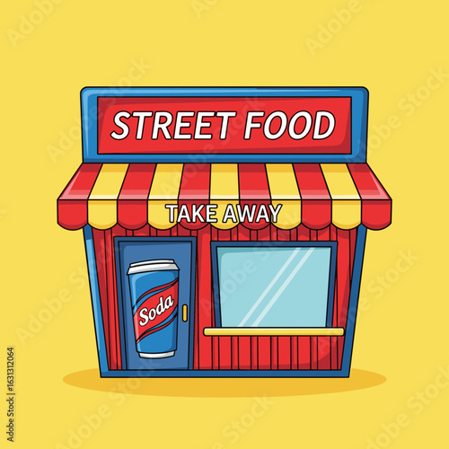 Cartoon Style Street Food Takeaway Shop with Colorful Exterior and Soda Display