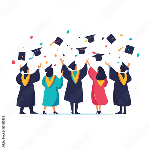 graduation figures standing from behind gestrues throwing caps hats university college diplom traditional celebration ceremony school robe vector flat illustration isolated on whit