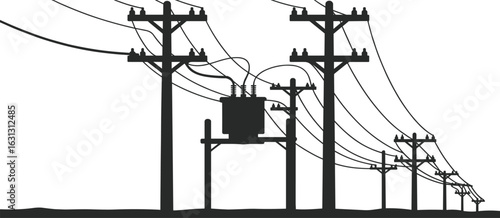 Silhouette of electrical utility poles with transformers, power lines, transmission cables, energy distribution infrastructure, high voltage electrical wires, rural power grid system