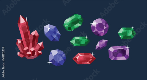 Bright, colorful gemstones on dark backdrop for mystical, fantasy or gaming content