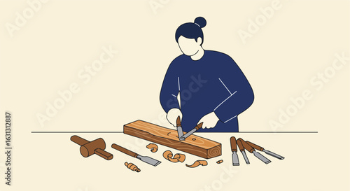 Woman chiseling wood on a table, shavings around. DIY, crafting, carpentry
