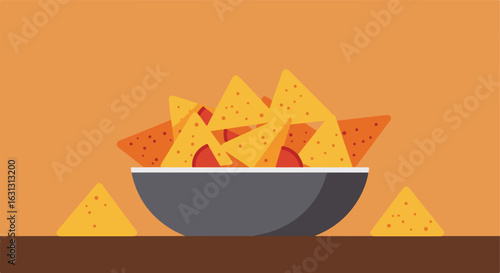 Chips and dip snack in bowl on table. Orange backdrop. Flat design. Food blog use