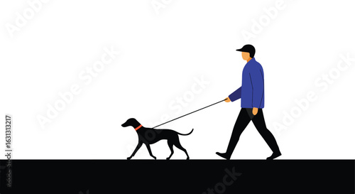 Silhouette Person Walking Black Dog on Leash, Isolated, Background White