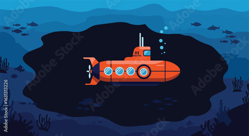 Submarine sails through the sea floor. Fish swim around. For travel or exploration