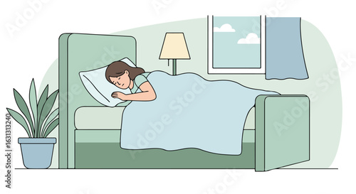 Lady is sleeping in her bed. Daylight through the window on the background