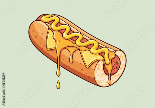 Delicious Hot Dog with Cheese and Mustard Dripping on a Light Green Background
