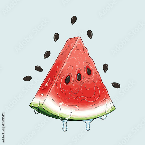 Juicy Slice of Watermelon with Fresh Red Fruit and Black Seeds on Light Blue Background