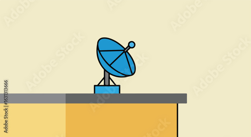 Blue antenna on desk in room, against blank wall. Broadcast use for projects