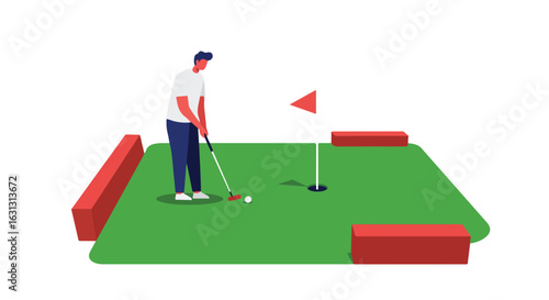 Man putting on minigolf course with obstacles. Isolated background for infographics