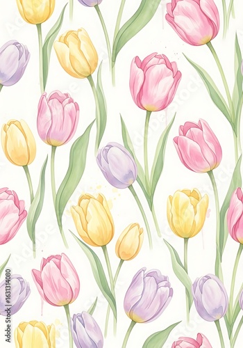 Wallpaper Mural Watercolor Tulip Garden: A Gentle Bloom Display of Yellows, Pinks, and Purples Arrangement Torontodigital.ca