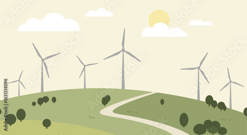 Wind turbines generating power on hills under sun & clouds, path for nature background