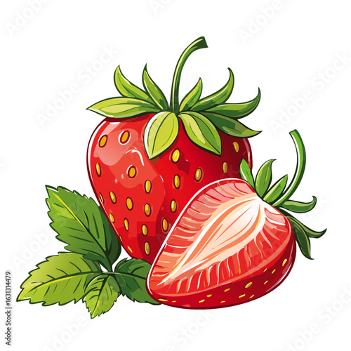 Strawberry whole and half vector color illustration. Image of summer red berry arrangement for packaging design.