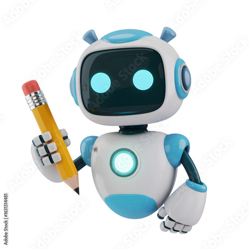 Friendly cartoon robot artist holding a yellow pencil ready to create something amazing and new