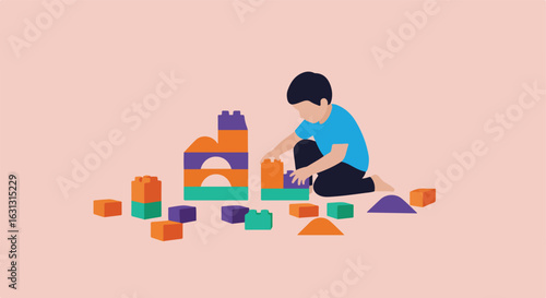 Boy playing with building blocks on the floor at home to develop spatial reasoning