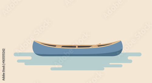 Simple blue canoe floats on water, graphic illustration with flat background