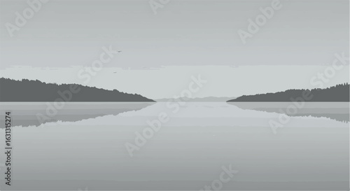 Landscape view of mountains and flying birds reflected in lake water for template use