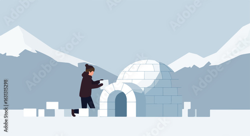 Man Building Igloo on Snow, Mountain Background. Travel adventure concept