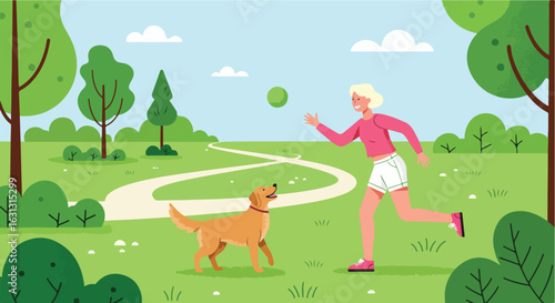 Woman throws ball, dog in park, for brochures, websites, and print ads