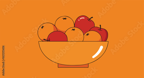 Bowl of orange fruit and red apples in room on orange wall, use for health concepts