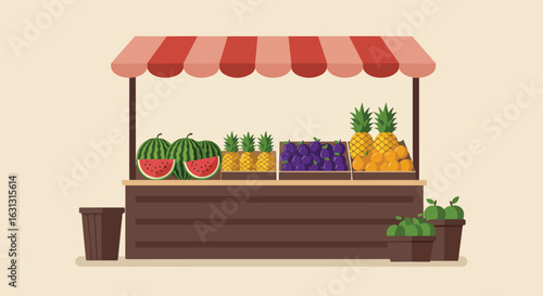 Colorful Fruit Stand with Watermelons, Pineapples, Plums, and Oranges for Sale