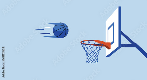 Basketball is flying toward hoop in clear sky. Use sports, education, design