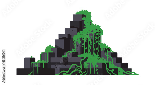 Ancient temple ruins overgrown by dense vegetation. Ideal for game/web design