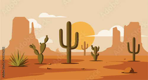 Southwest Cacti silhouettes against red rocks under a hot desert sun background