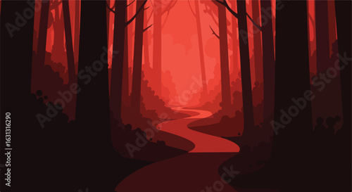 Trail Winds Through Dark, Red Forest with Fog; Graphic Art for Mystery Storytelling