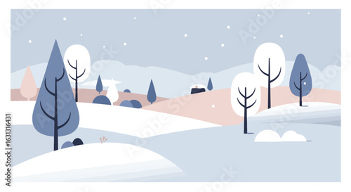 Winter vector landscape Snow covered field, trees, snow falling, mountain, house
