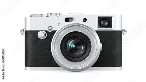 Silver-and-black vintage-style digital camera centered against a white backdrop
