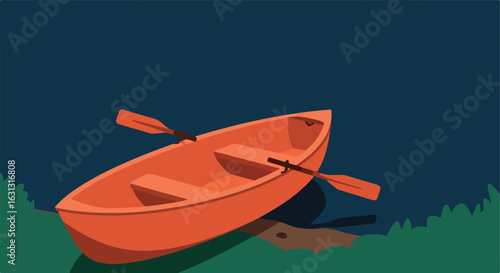 Orange rowboat at shore, paddles inside, dark water background, illustration