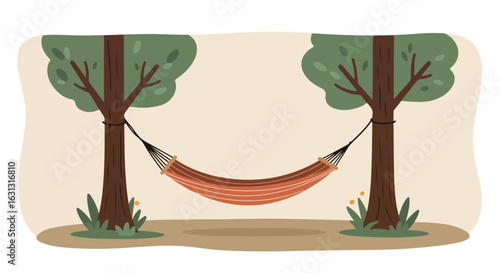 Hammock resting between trees in simple backyard background for ads, blogs, or website