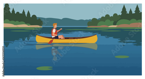 Man canoeing on lake; trees, hills, and lily pads in background. Recreation or adventure