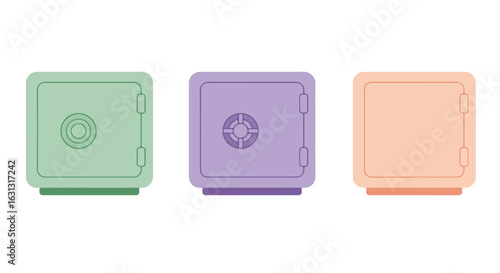Three Colorful Security Safes sit Open. Background Isolated on white