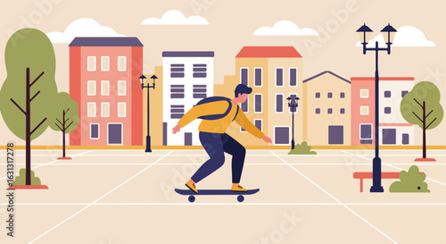 Guy skateboarding. Urban background with trees, buildings, streetlights, and park bench