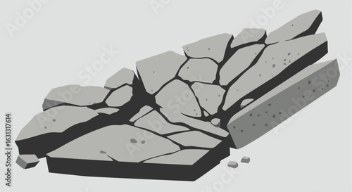 Broken gray rock crumbling on light gray floor, used for textures, games, renders