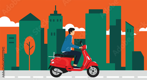 Urban scooter delivery cityscape silhouette background. For modern commerce