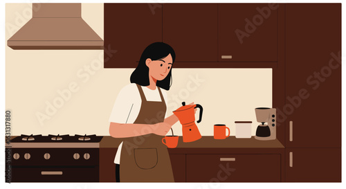 Woman pouring coffee using stovetop espresso maker in kitchen, for morning routine