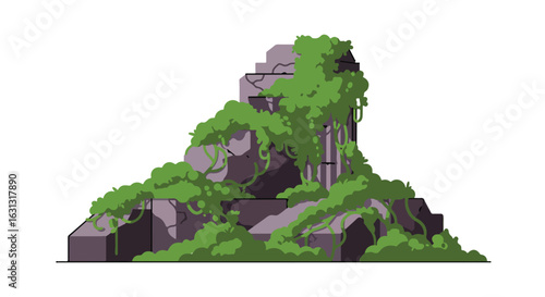 Jungle ruins overgrown with vines. Nature reclaims structures in fantasy landscape