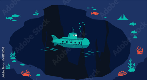 Submarine exploring the deep sea, with fish and corals in dark water