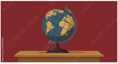Cartoon Globe on Table, World Continents, Red Background, Educational Use, Vector