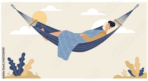 Man relaxing in hammock with blanket; sunny background for wellbeing promotion