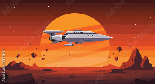 Spaceship flies over an alien planet landscape with a setting sun. Use Sci-fi design