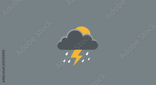 Weather Icon Stormy cloud unleashes lightning, rain as the sun tries to peek through