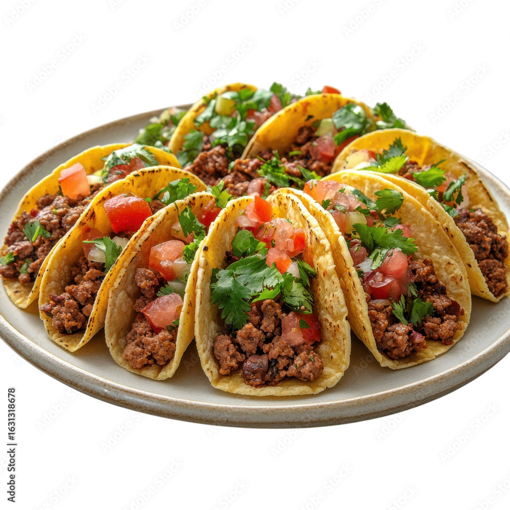 Delicious tacos filled with seasoned ground beef, fresh tomatoes, onions on transparent background Delicious tacos filled with seasoned ground beef, fresh tomatoes, onions on transparent background