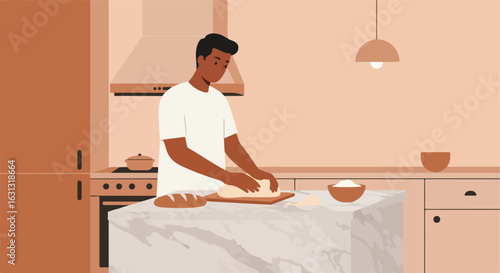 Man kneading dough on kitchen counter; oven and cabinets in background. Cooking concept